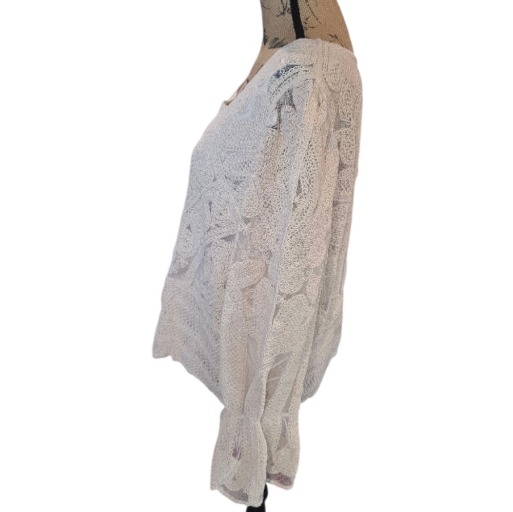 Ultra Pink Cream Lace Embroidered Lantern Long Sleeve Scoop Neck Top Size XL NEW - Picture 5 of 12